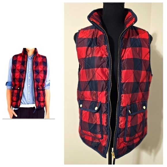 J Crew Buffalo Plaid Puffer Vest with Gold Snap Pockets - Picture 1 of 6